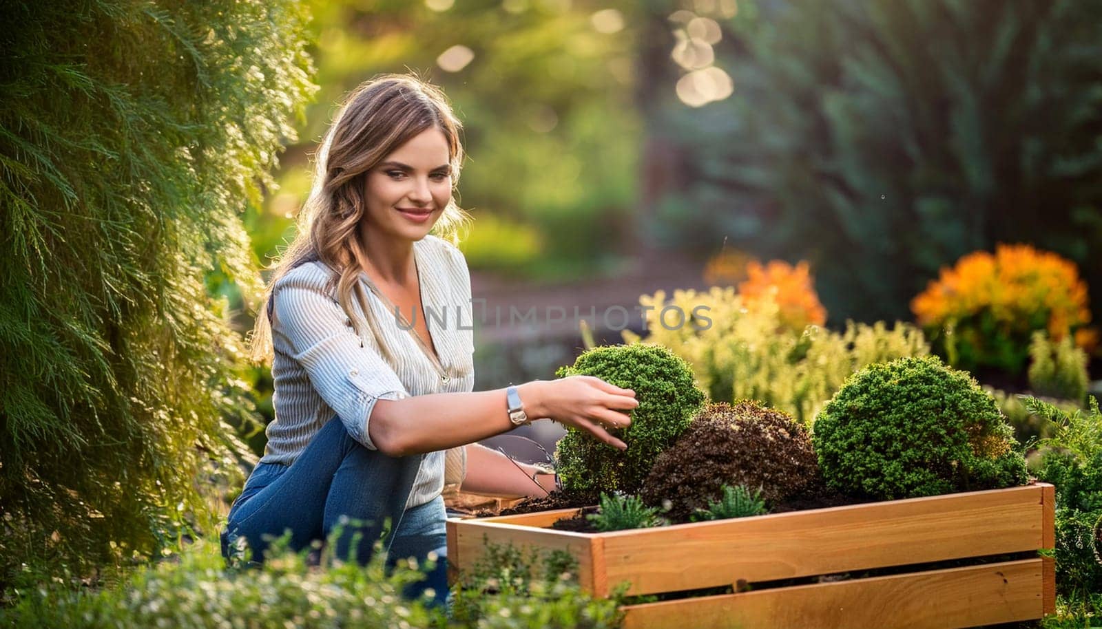 gorgeous young woman doing the garden, AI generated image