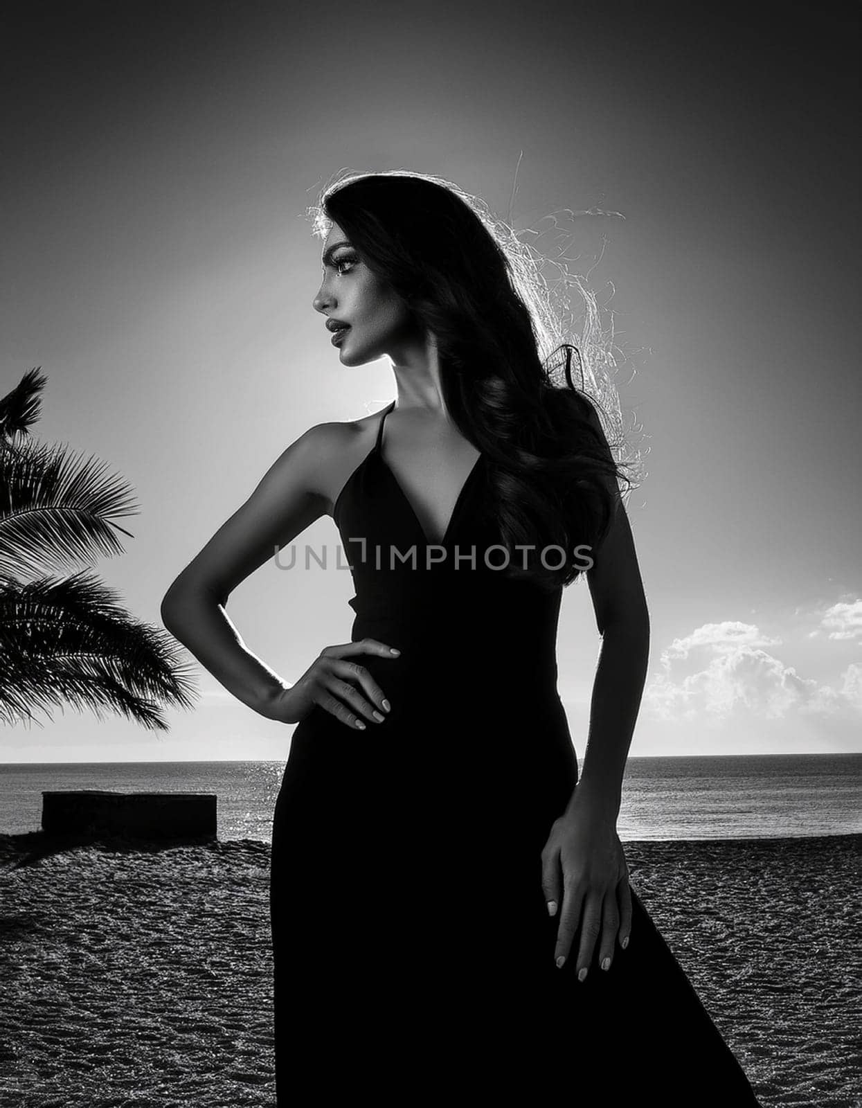 elegant young woman portrait in black and white, AI generated image