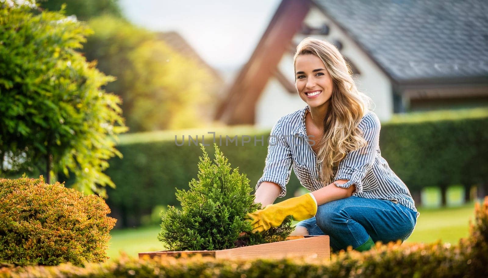 gorgeous young woman doing the garden, AI generated image