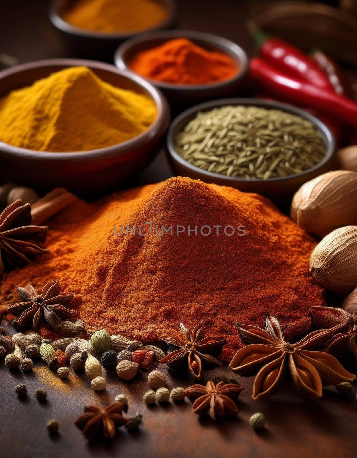 many hot indian spices including curry and curcuma, AI generated image