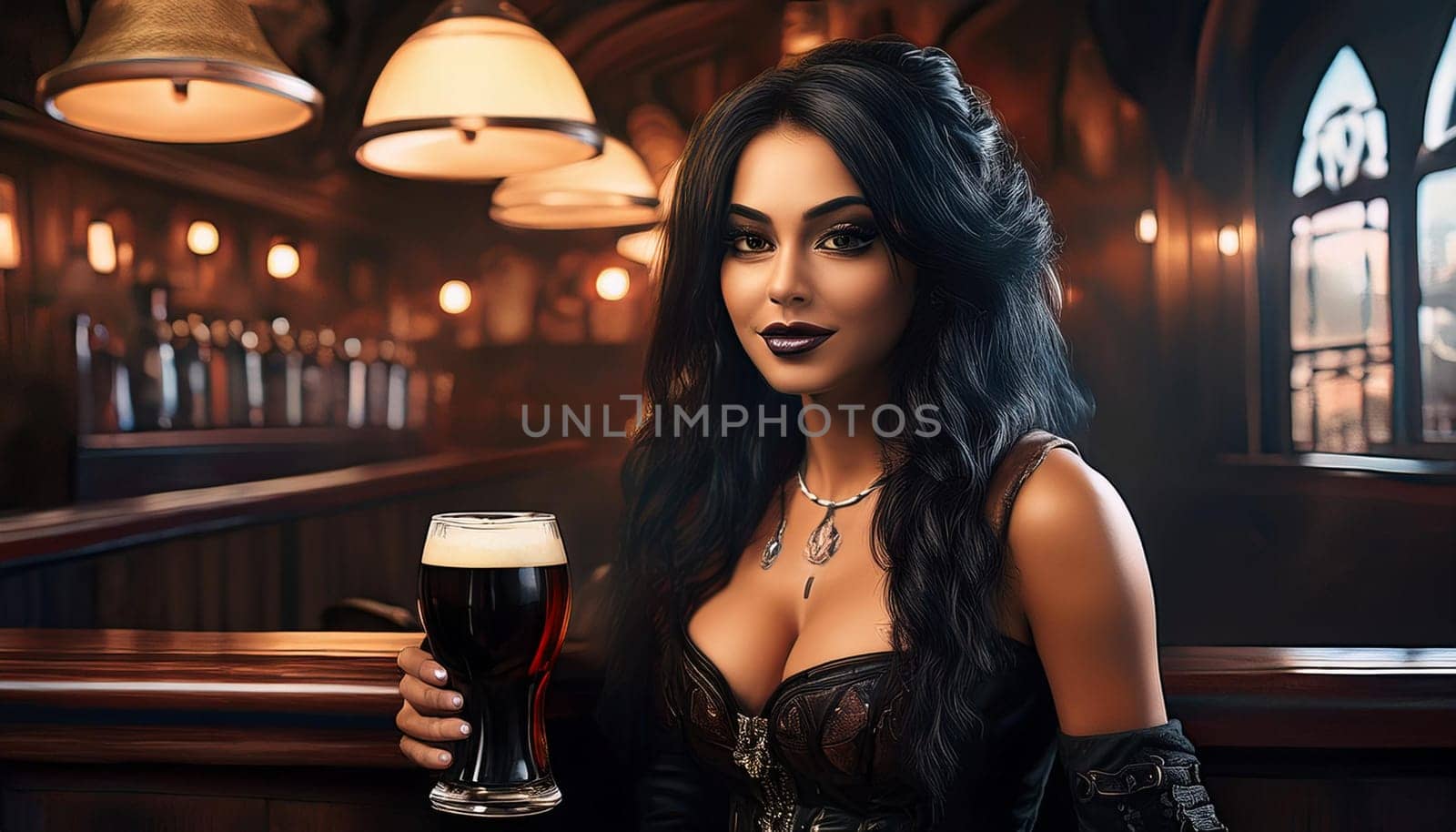 gorgeous young woman drinking beer at the pub, AI generated image
