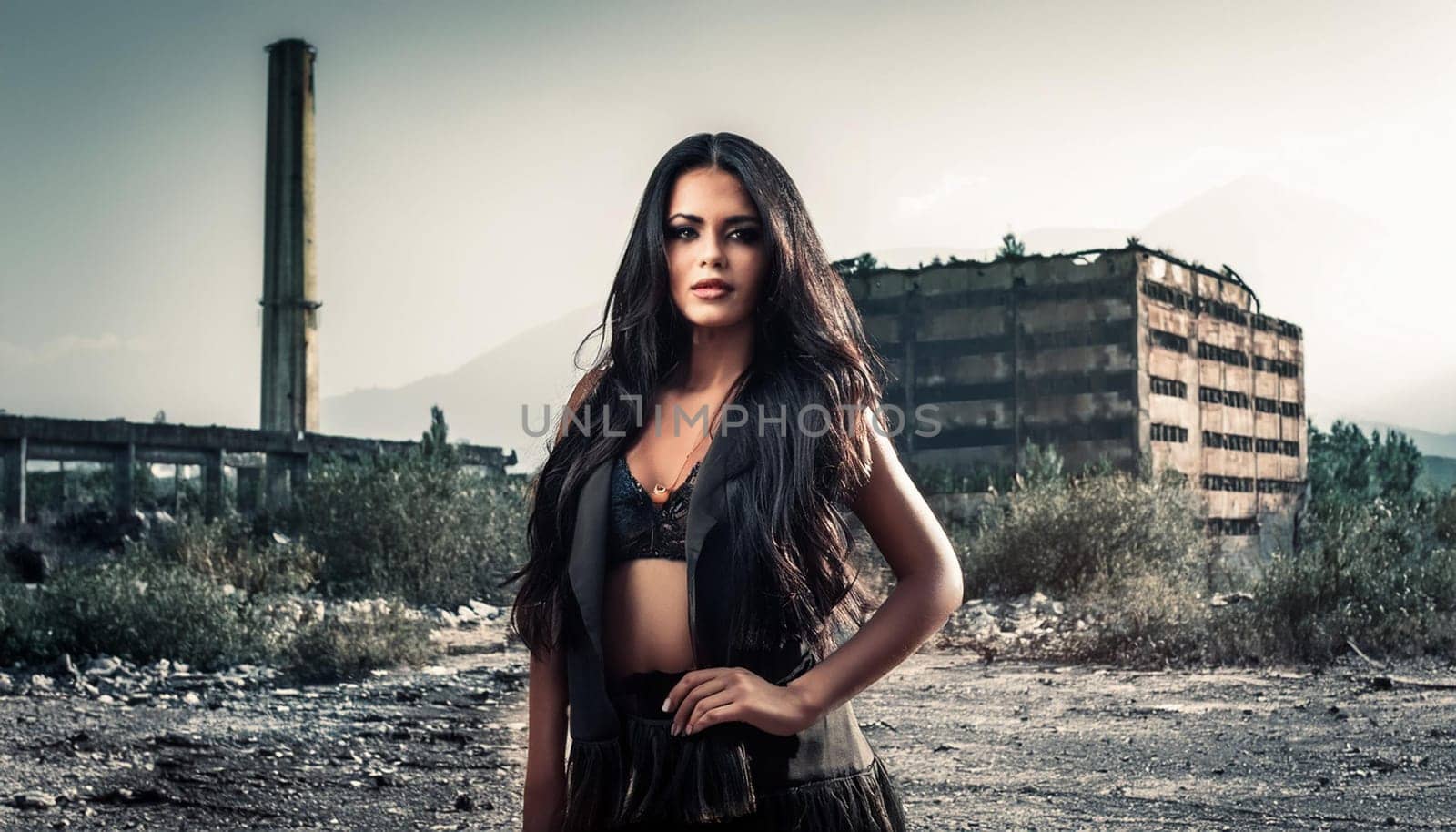 gorgeous young goth woman in ruins of abandoned nuclear power plant, AI generated image