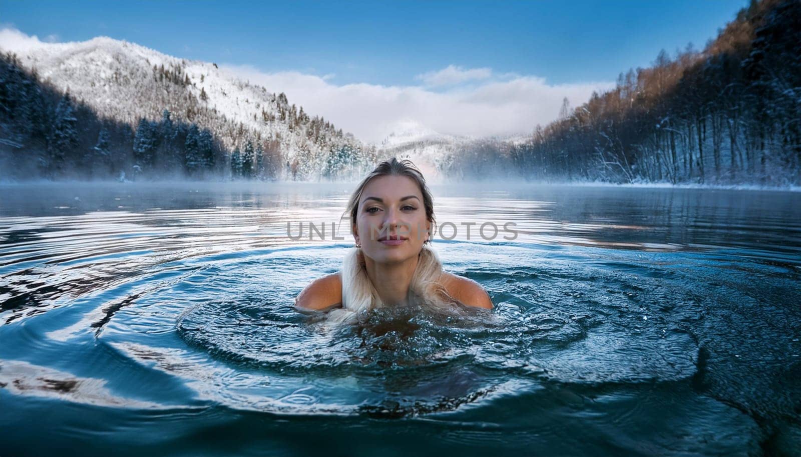 pretty young swimming woman in aced lake, AI generated image