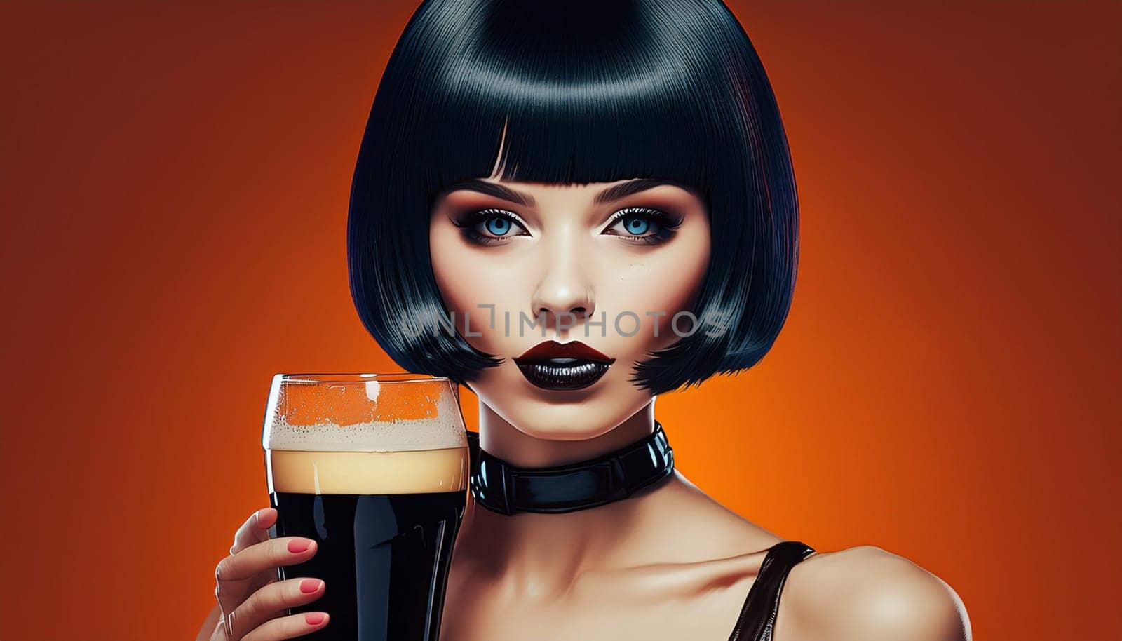 gorgeous woman bob haircut sixties retro futuristic style drinking beer pint, AI generated image