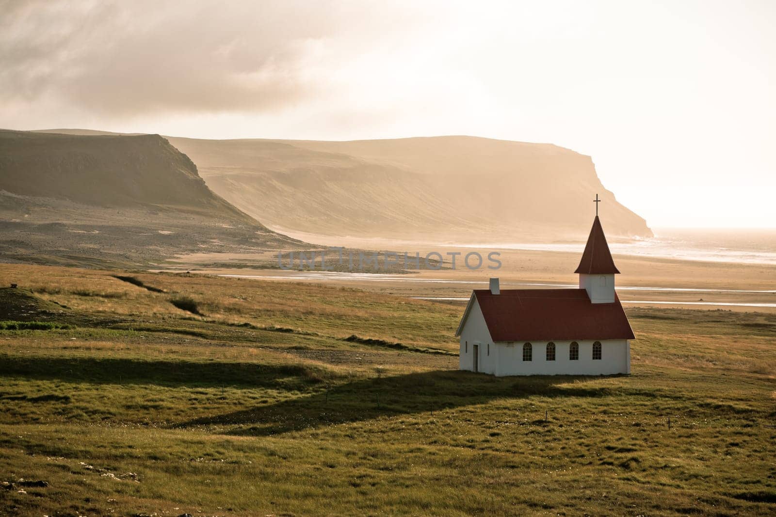 Typical Rural Icelandic Church at Sea Coastline. Horizontal shot