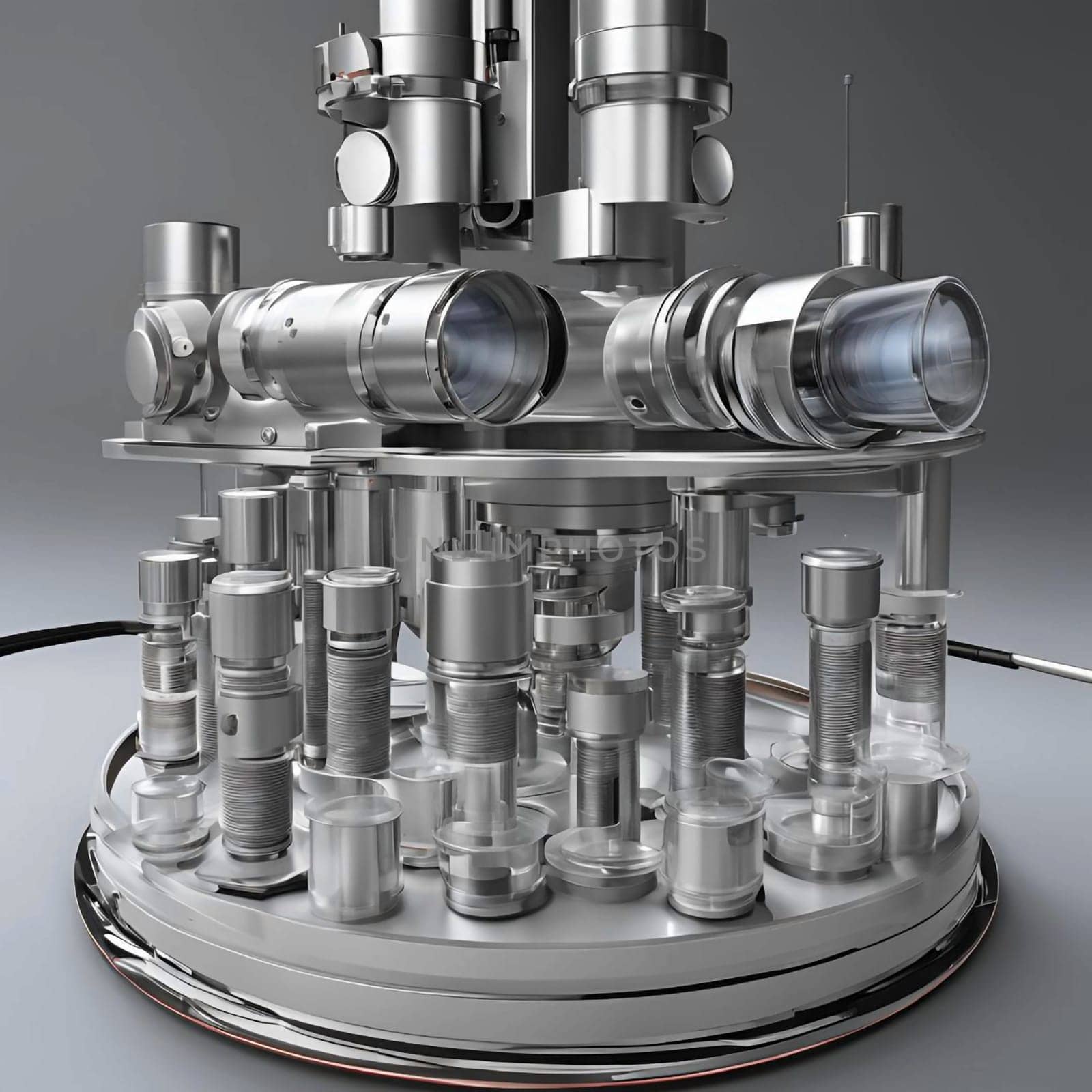A 3D rendering of a complex scientific instrument, resembling a microscope or a telescope. The instrument is made of metal and glass, and it is detailed and realistic. High quality photo