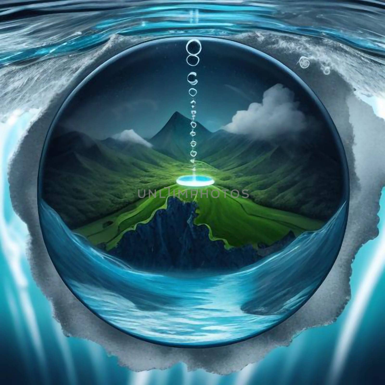 A stylized image of a green landscape inside a spherical bubble. The bubble is partially submerged in water. High quality photo