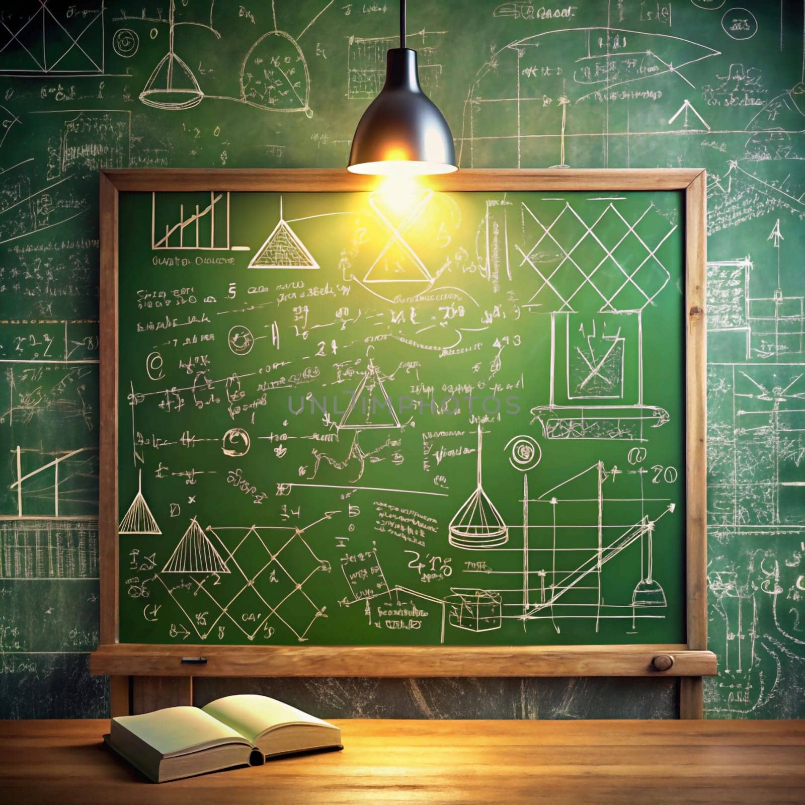 A green chalkboard with various mathematical formulas, diagrams, and sketches written on it. A light bulb hangs above the chalkboard, illuminating the scene. An open book sits on a wooden desk in front of the chalkboard. High quality photo