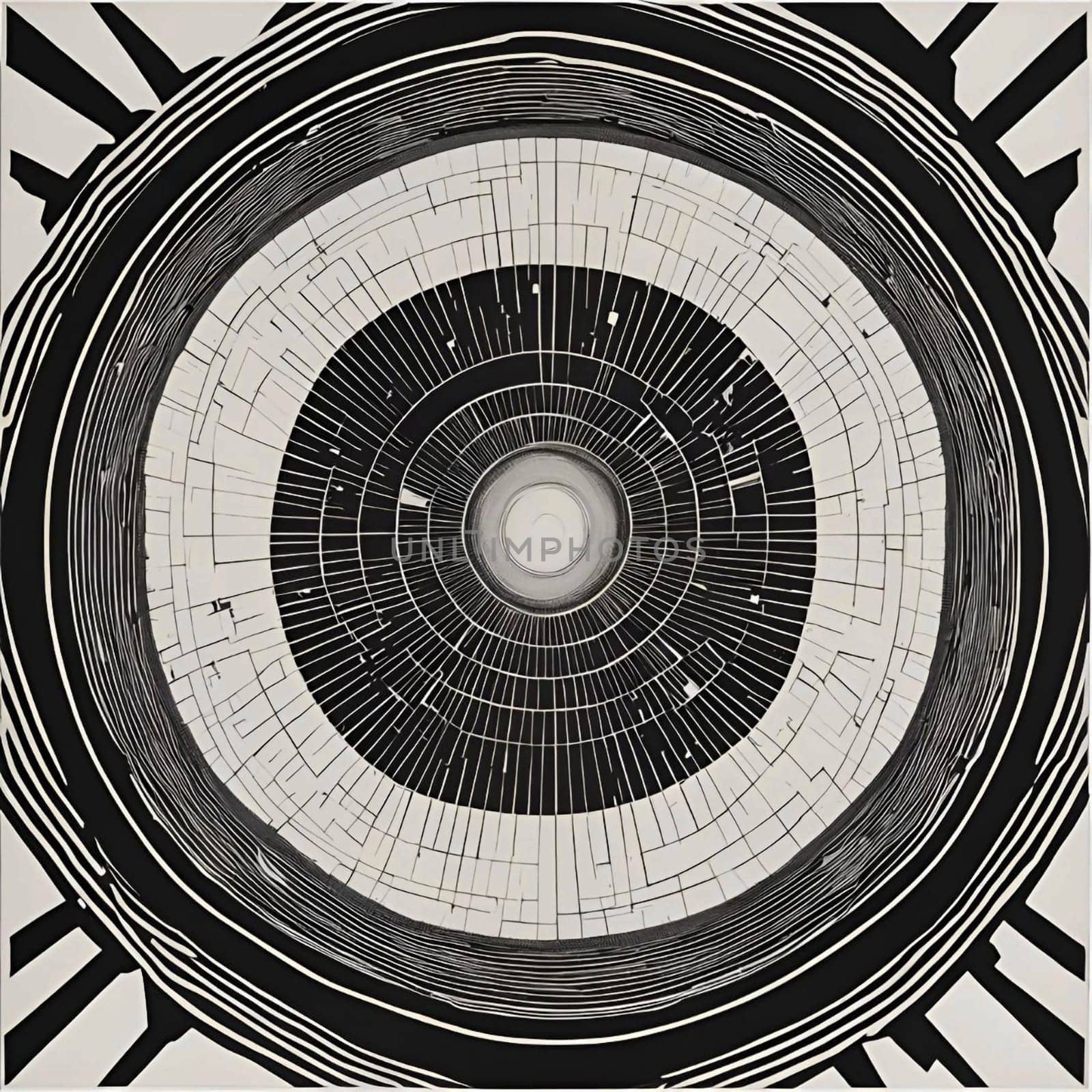 An abstract image of a black and white circular pattern. The pattern is made up of concentric circles and lines, creating a sense of depth and perspective. High quality photo