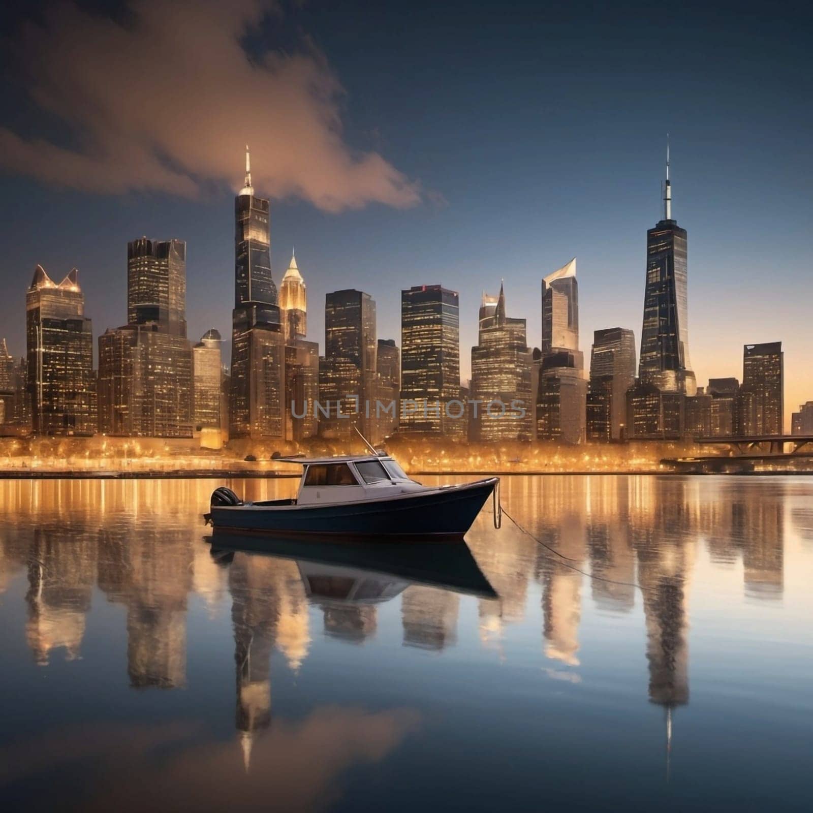 A small boat is anchored in a river, facing a cityscape at dusk. The city is illuminated by streetlights, creating a warm and inviting atmosphere. The sky is a blend of blue, orange, and pink hues, reflecting in the water. High quality photo