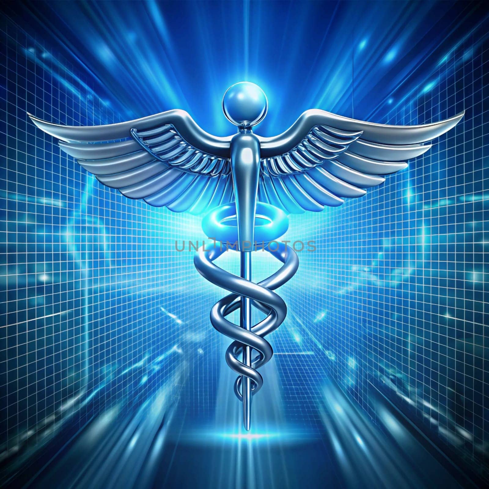 A 3D rendering of the Caduceus symbol, a medical symbol consisting of a staff with two snakes entwined around it. The symbol is rendered in silver and is set against a blue background with a grid pattern. The background appears to be a digital or technological setting. High quality photo