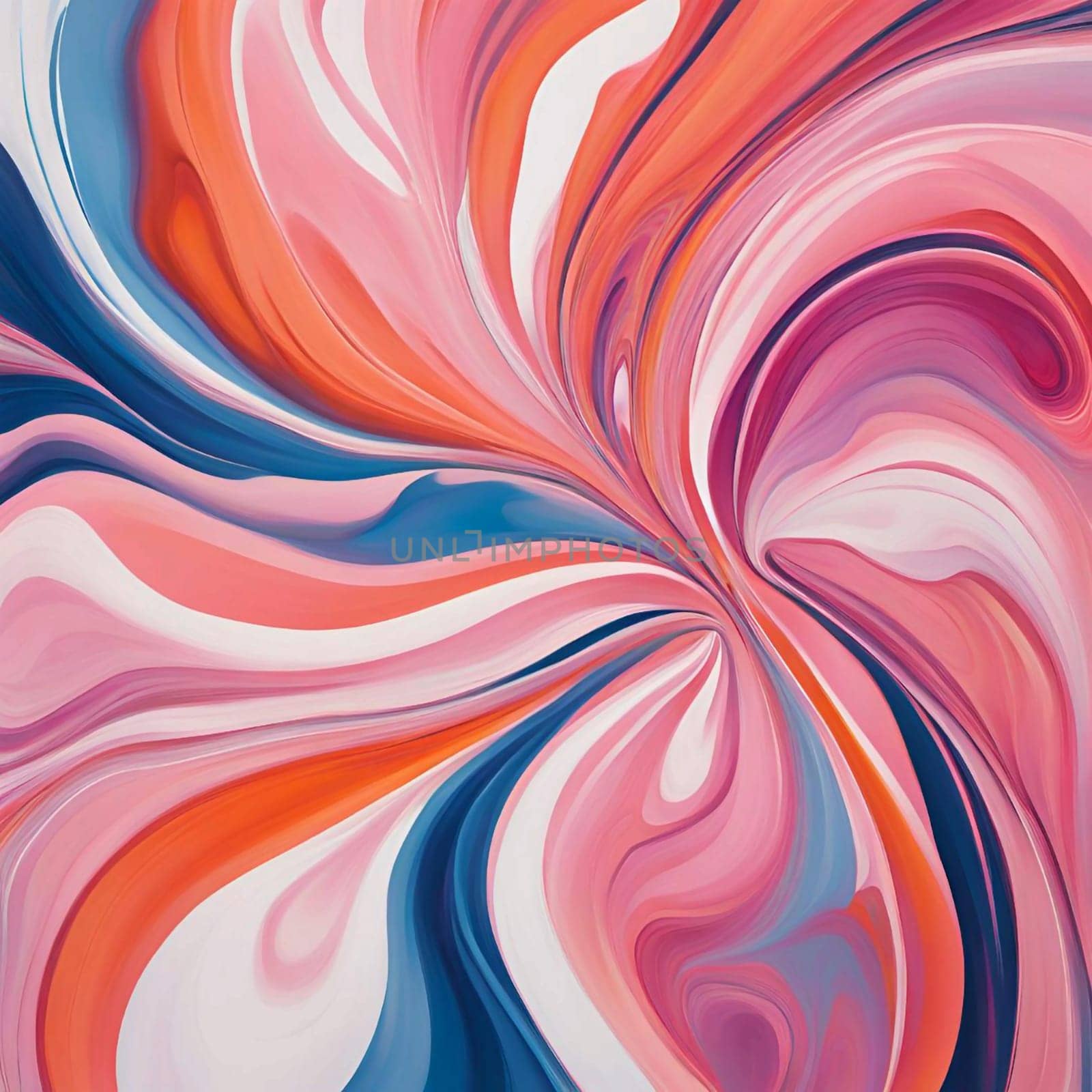 An abstract, swirling pattern of pink, orange, blue, and white colors. The colors blend and flow, creating a dynamic and energetic effect. High quality photo