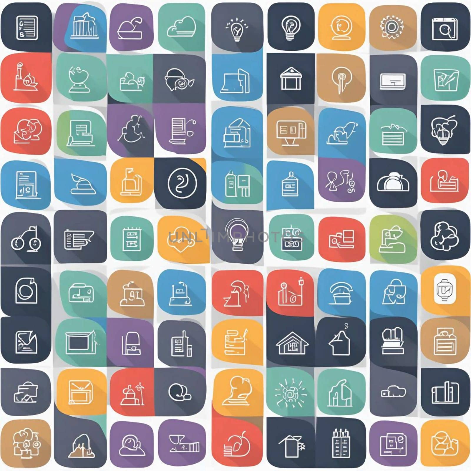 An illustration of a set of colorful icons on a white background. The icons are arranged in a grid pattern, and each icon has a long shadow. The icons represent a variety of topics, including technology, business, and nature. High quality photo