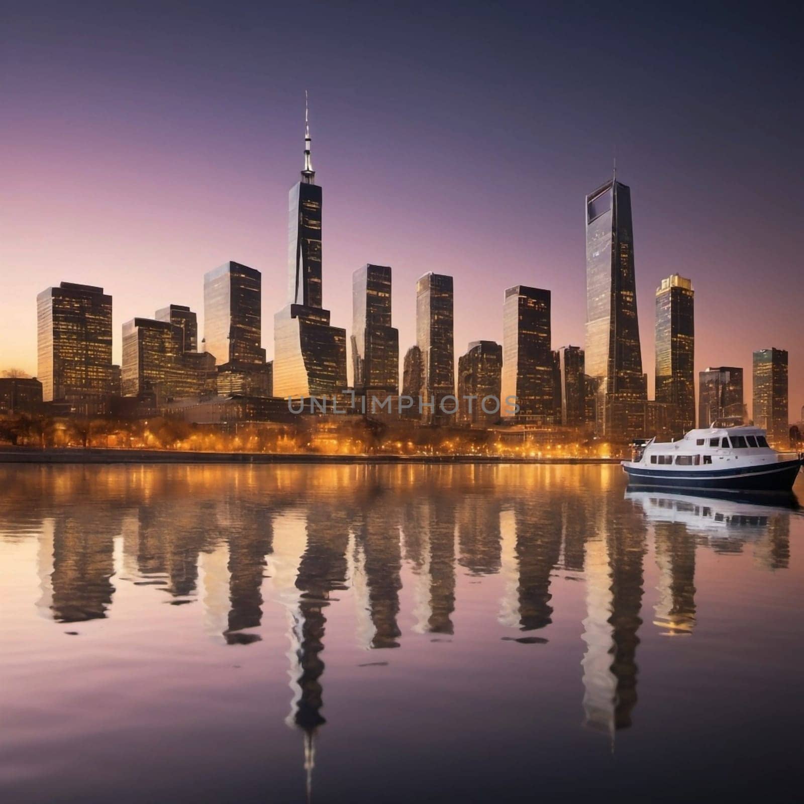 A photo of the New York City skyline at night, with a boat in the foreground. The city is lit up with bright lights, and the reflection of the city is visible in the water. High quality photo