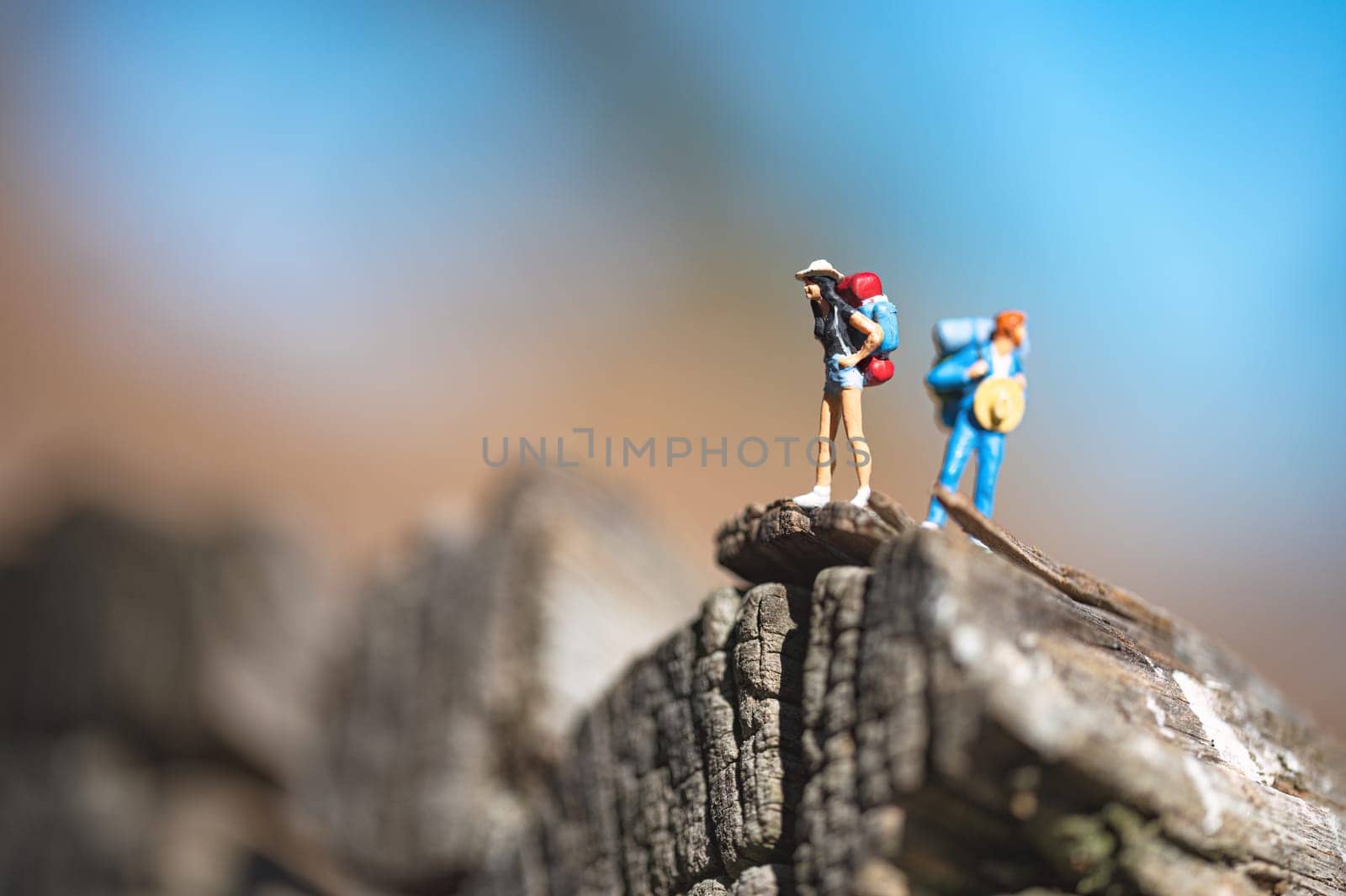 Two hikers are standing on a cliff, enjoying the view of the valley below