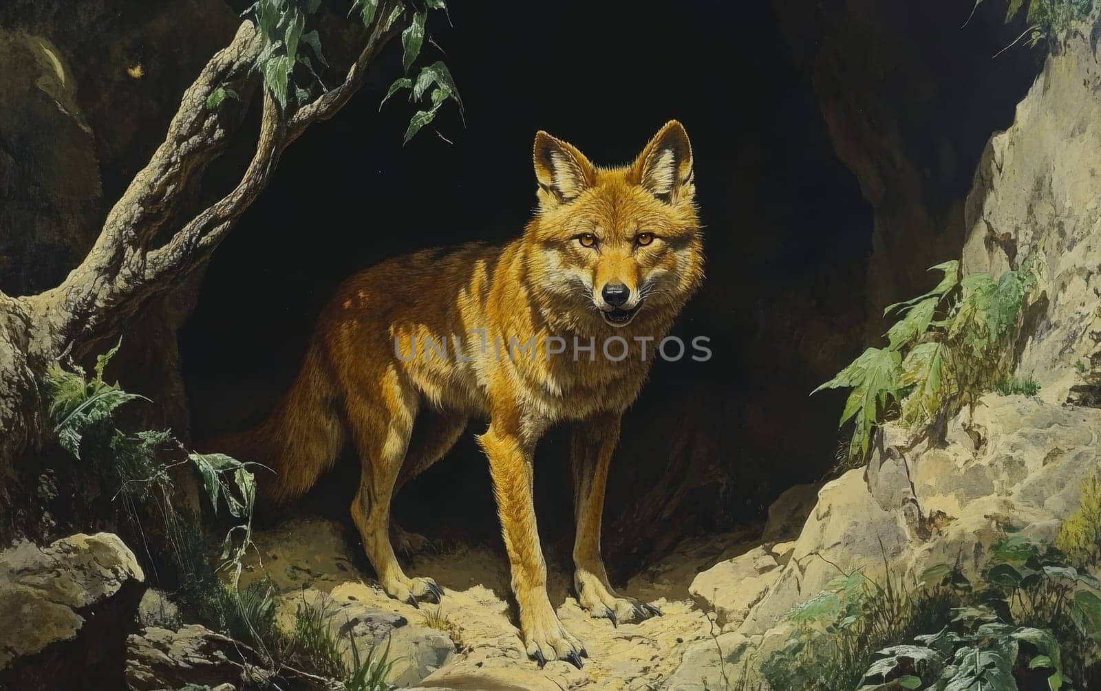 A Theriodictis emerges from the shadowy recesses of the cave, its powerful frame and sharp teeth hinting at the ancient predator's formidable hunting capabilities.