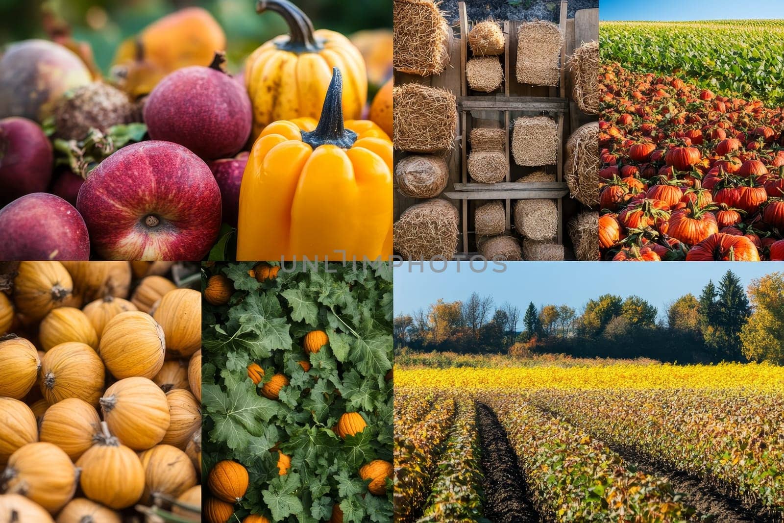 A panoramic view of autumn farm life, featuring pumpkins, apples, hay bales, and golden fields, capturing the essence of fall harvest and rural agriculture.