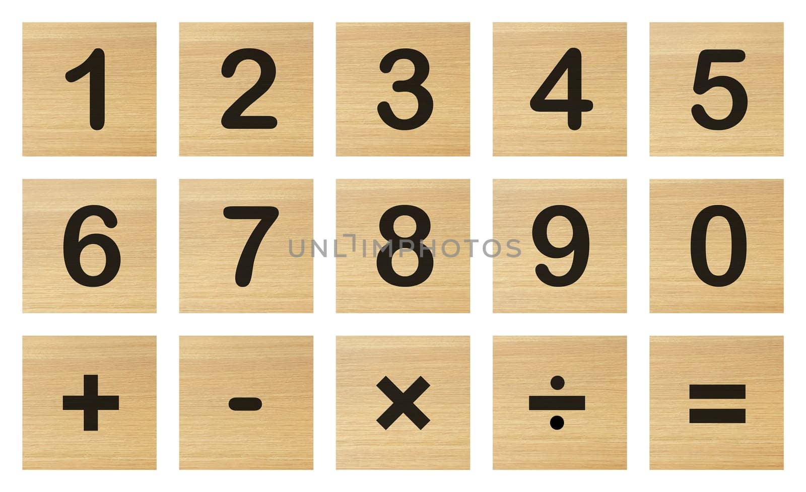 A set of number and math wood blocks on white with clipping path
