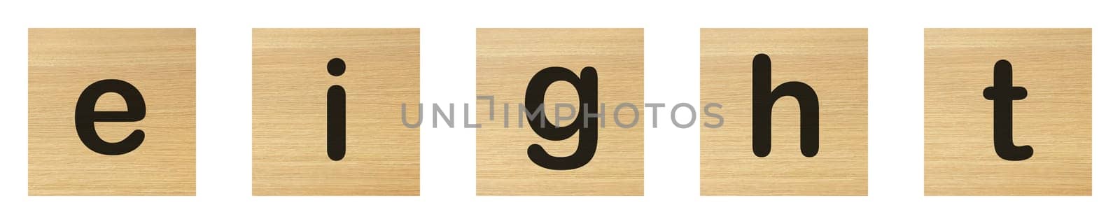 Eight word with wood blocks on white