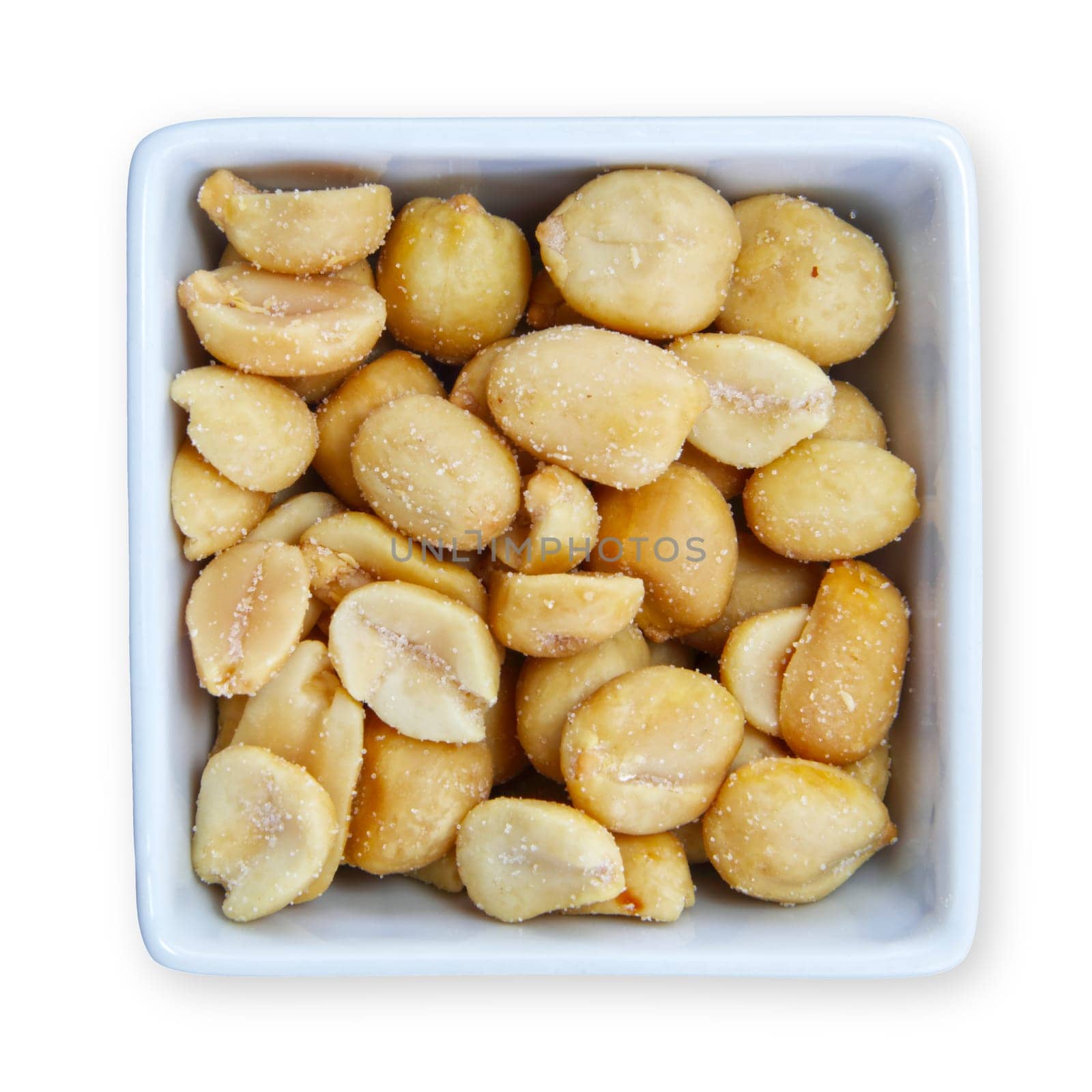 Salted peanuts in a white container with clipping path to remove shadow