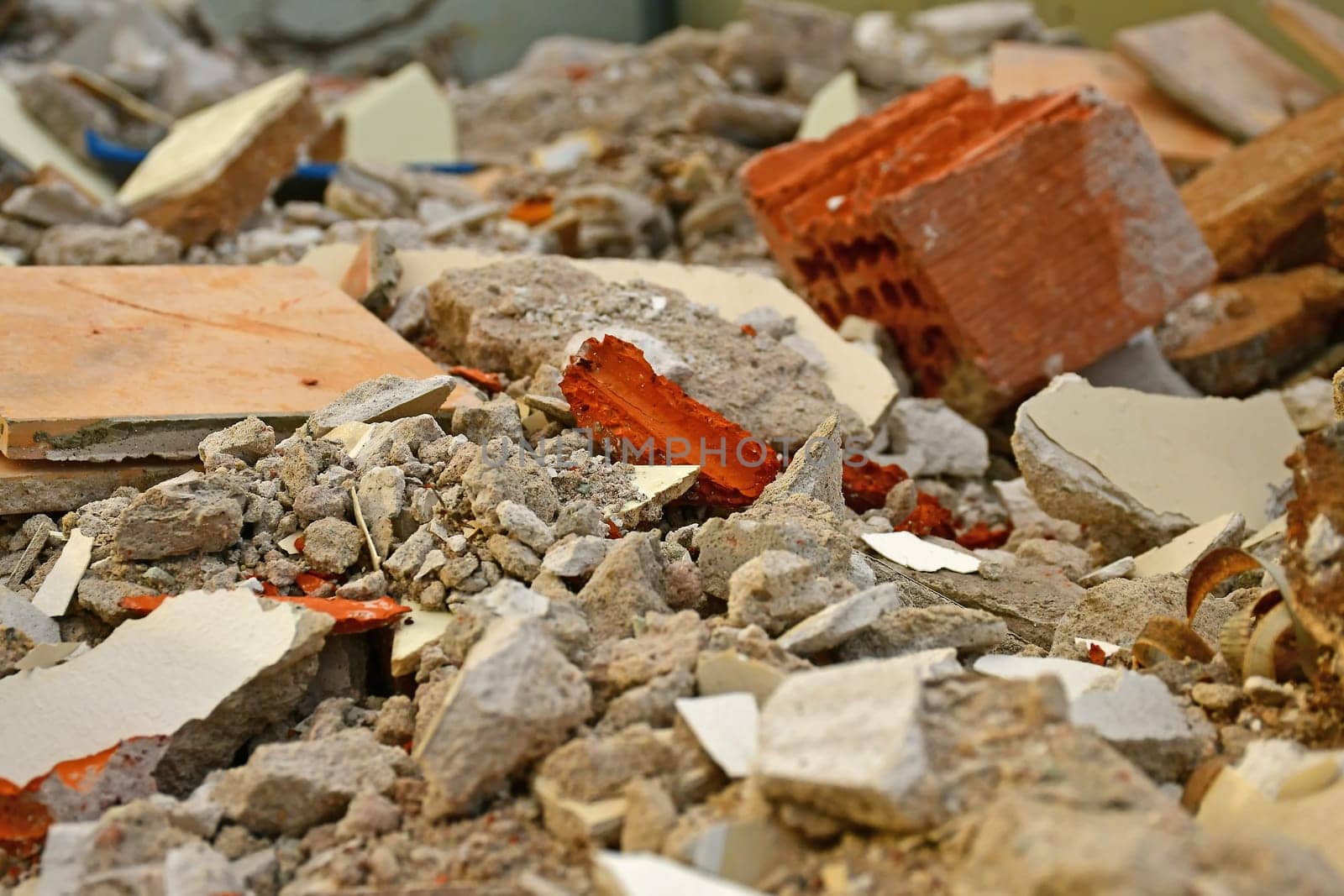container with building rubble in a closeup