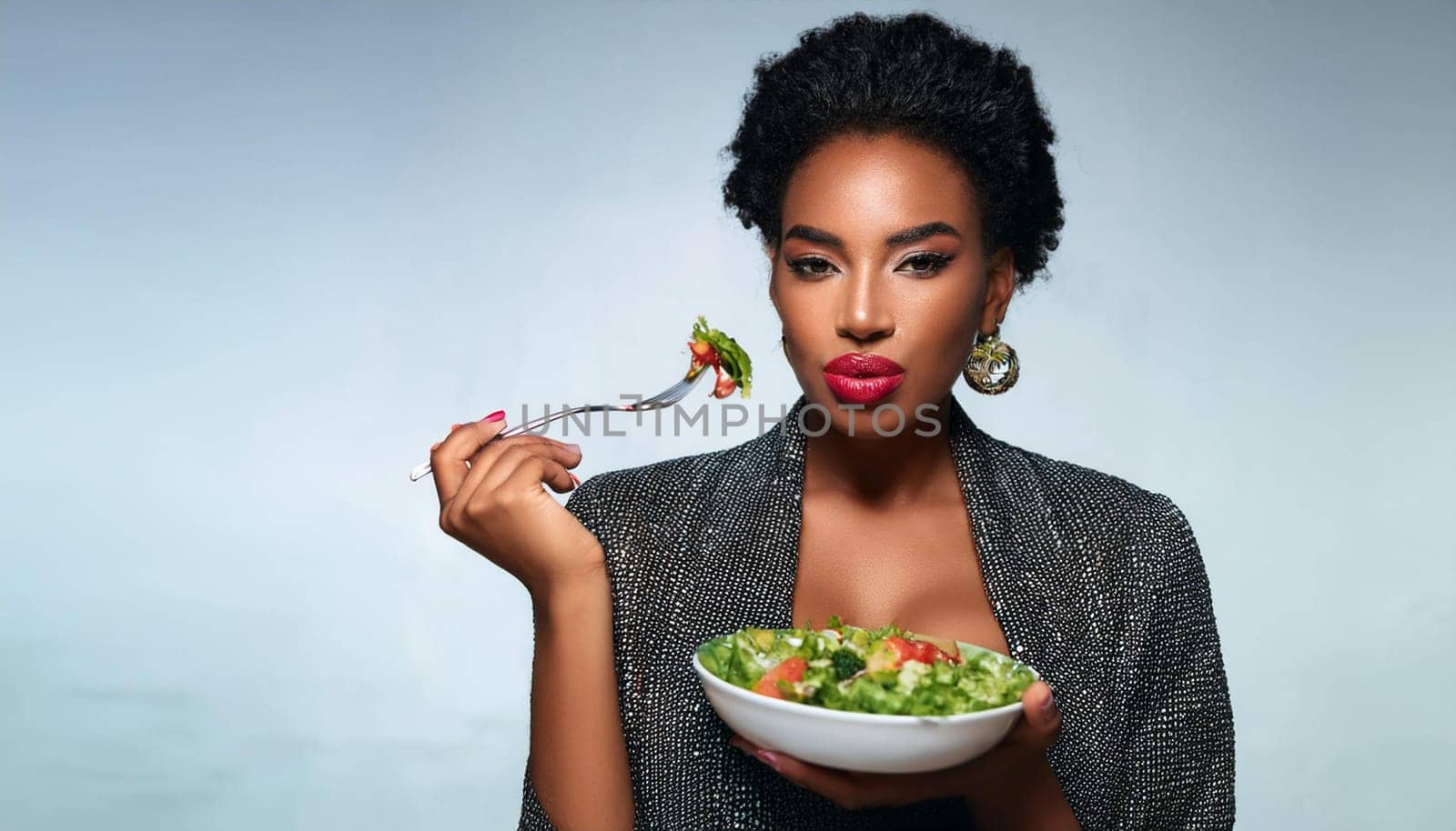 gorgeous young woman eating salad, AI generated image