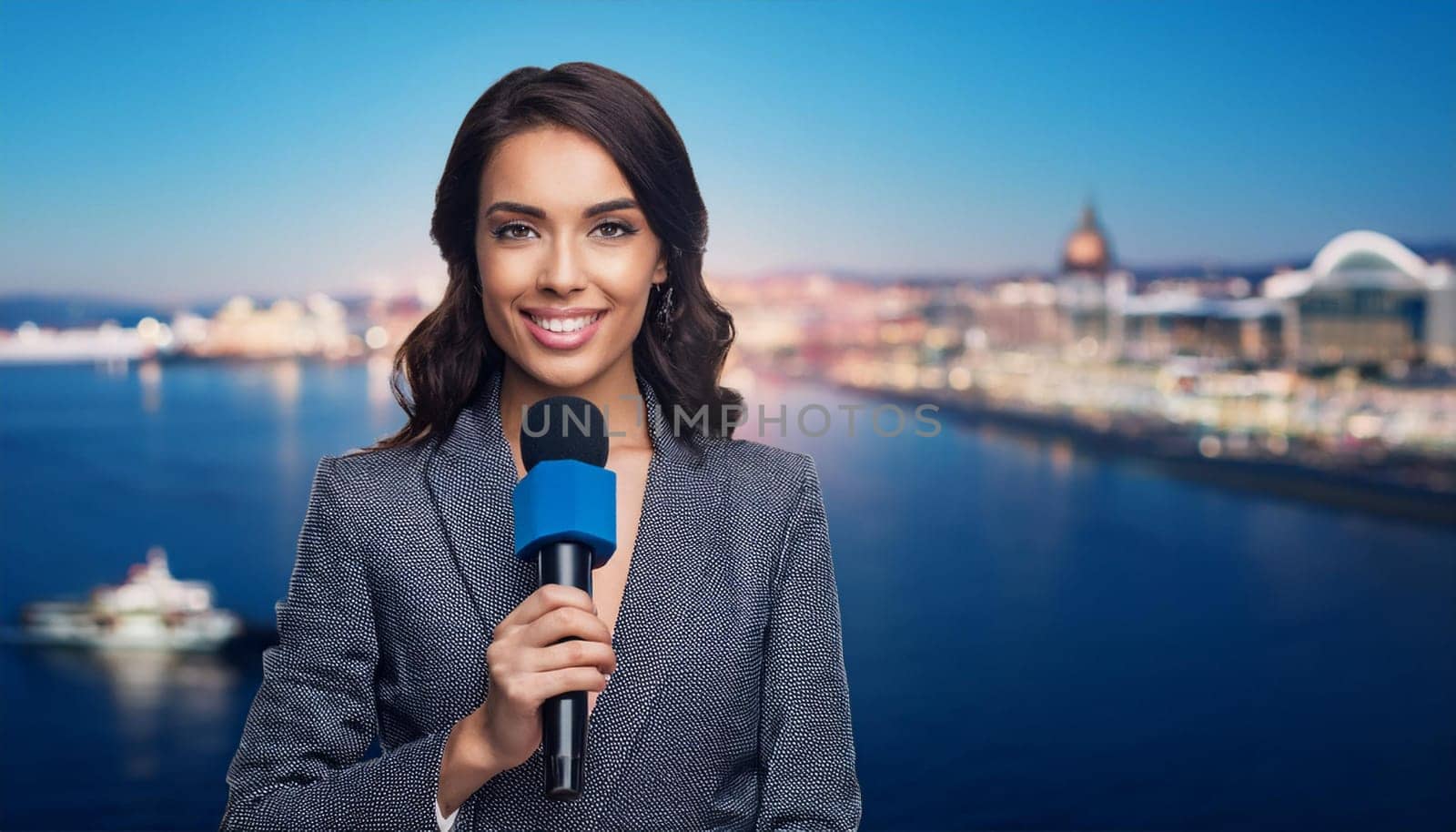 gorgeous female journalist in news tv studio, AI generated image