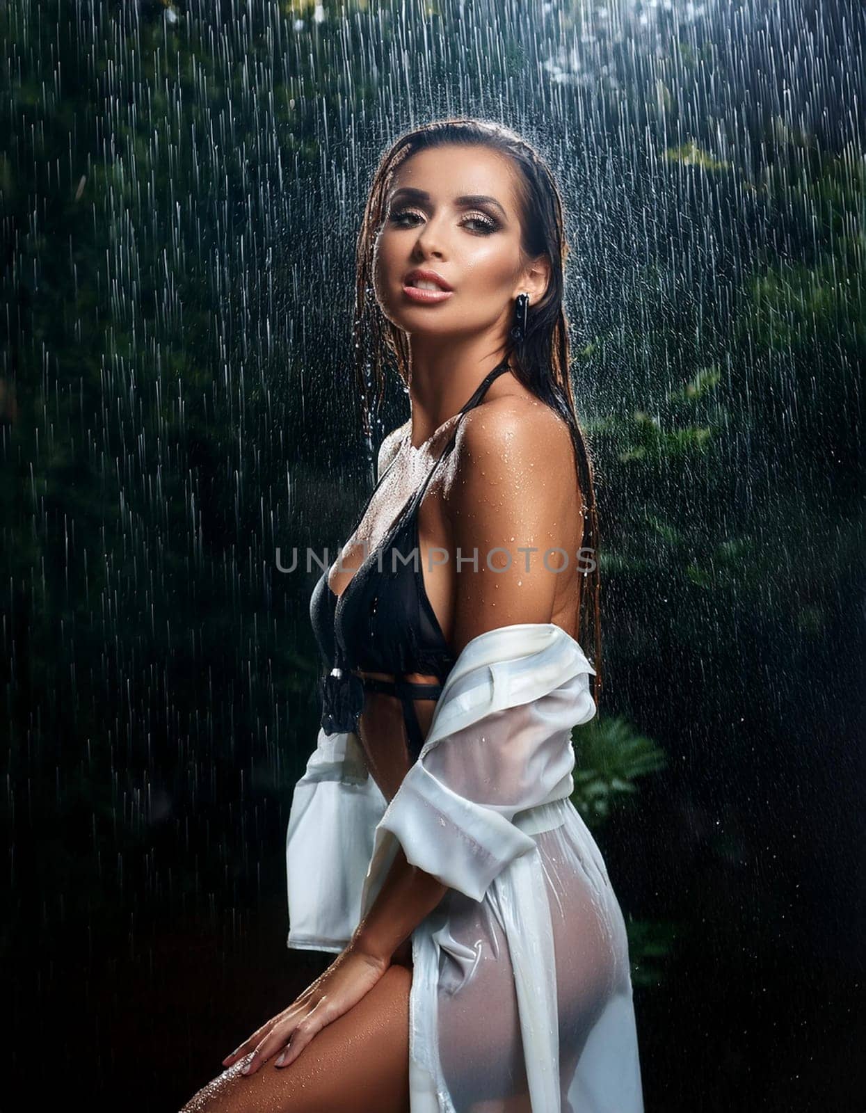 gorgeous young woman in the pouring rain, AI generated image