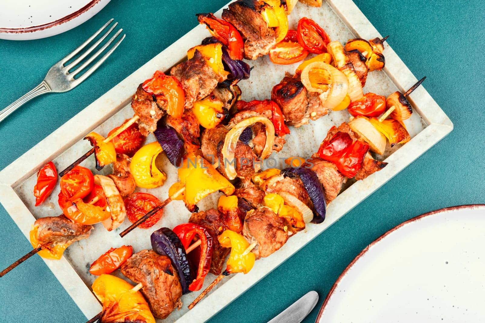 Juicy grilled pork kebabs on the skewers. Shashlik skewers.