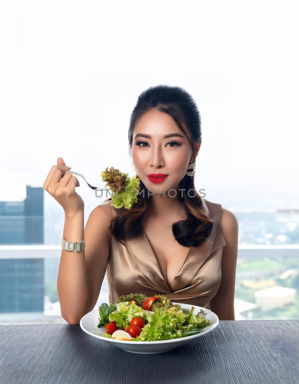 gorgeous young woman eating salad, AI generated image