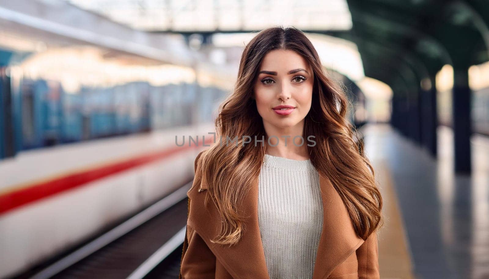 beautiful woman at train station on platform waiting for transport, AI generated image