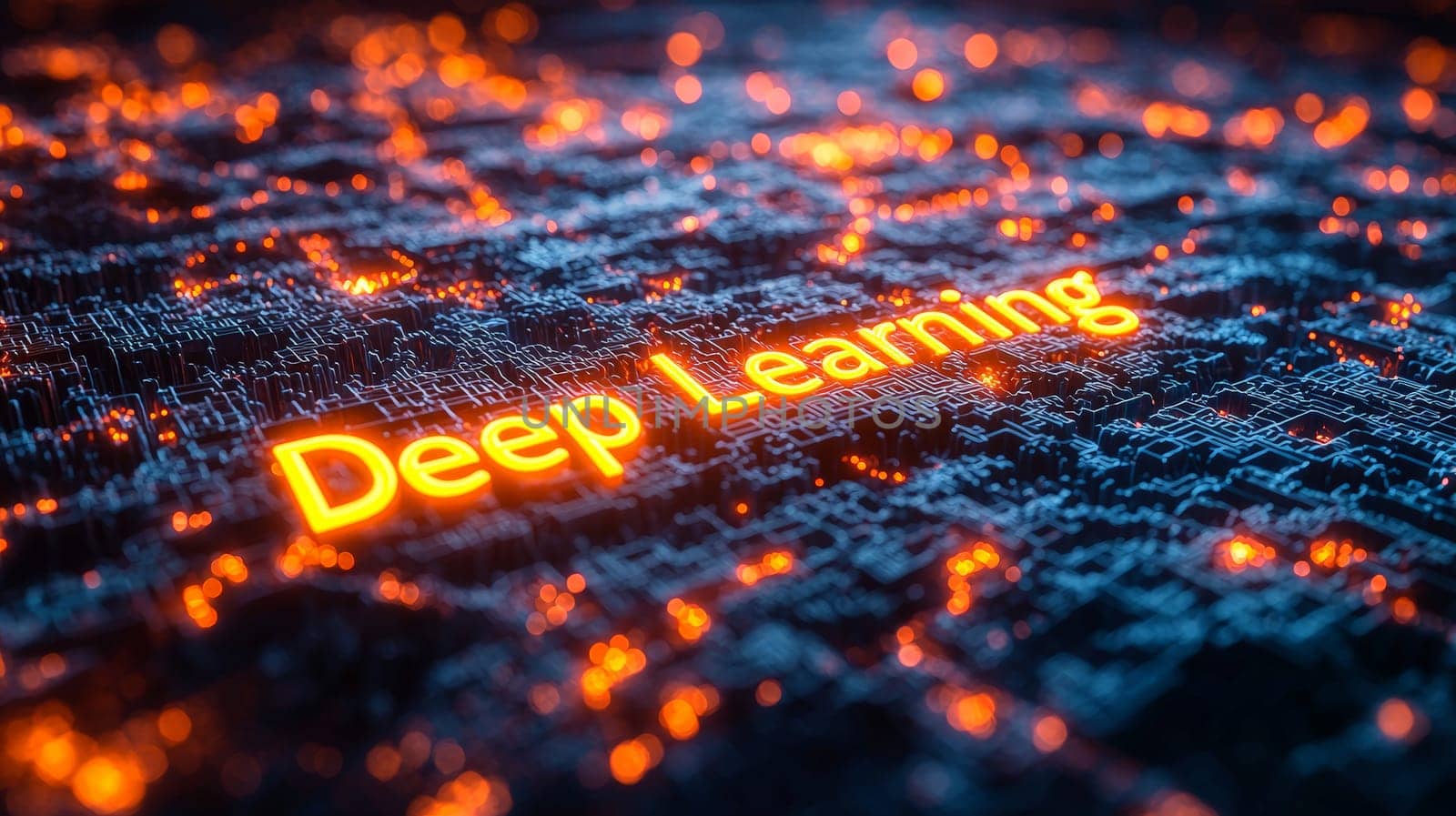 A 3D-rendered text reading "Deep Learning"" in a high-tech, networked setting, conveying the advanced and interconnected world of machine learning. The image combines futuristic elements with a structured, technical environment, symbolizing the digital network that supports deep learning processes."