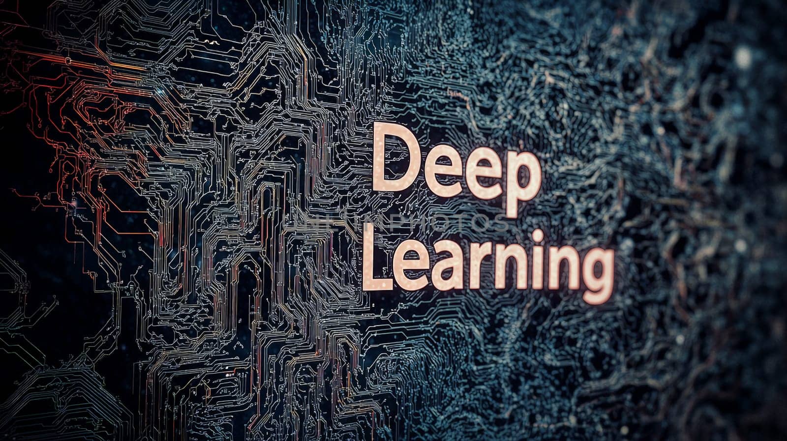 A 3D-rendered text reading "Deep Learning"" in a high-tech, networked setting, conveying the advanced and interconnected world of machine learning. The image combines futuristic elements with a structured, technical environment, symbolizing the digital network that supports deep learning processes."