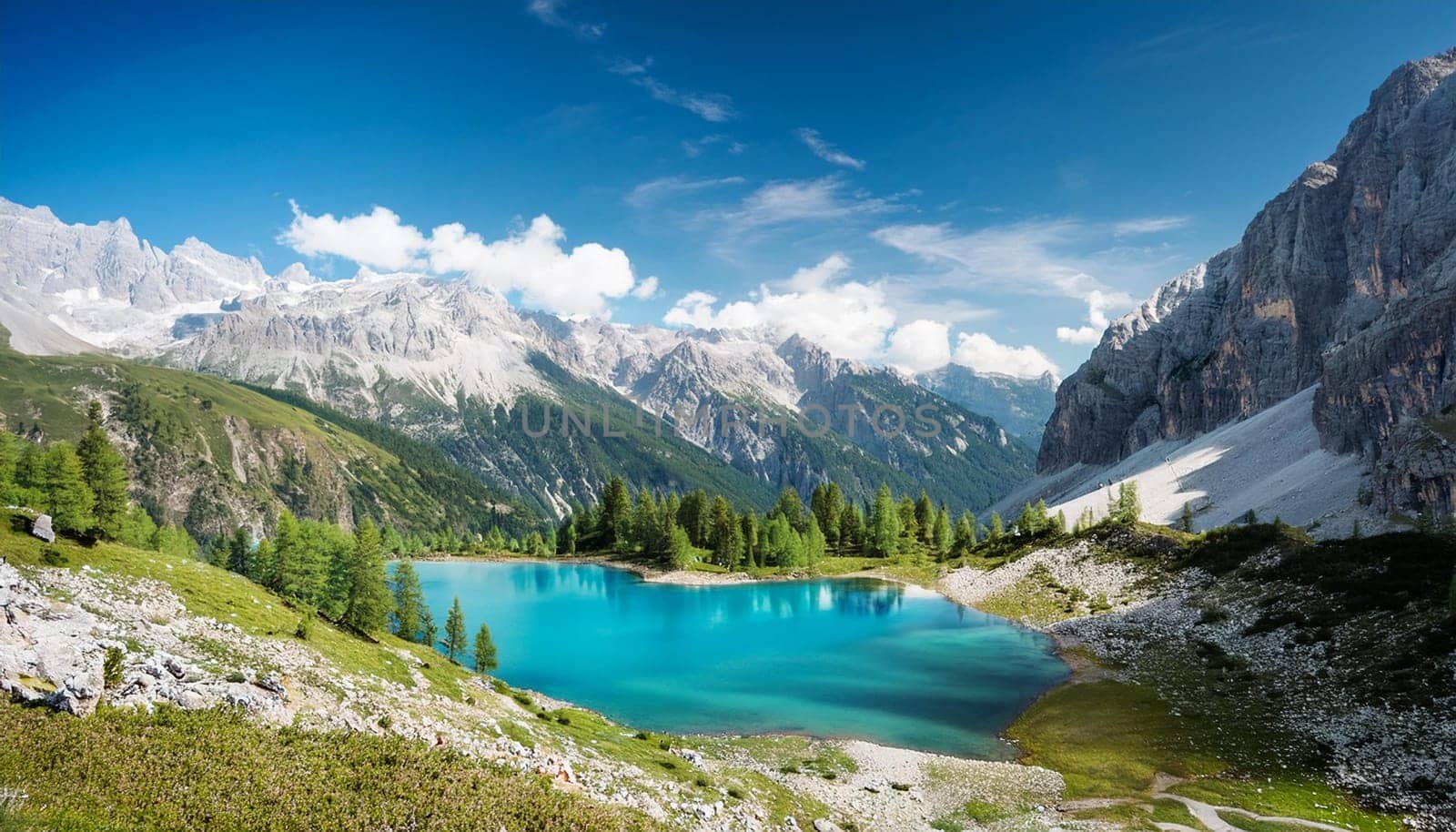 alpine mountains scenery with blue lake, AI generated image