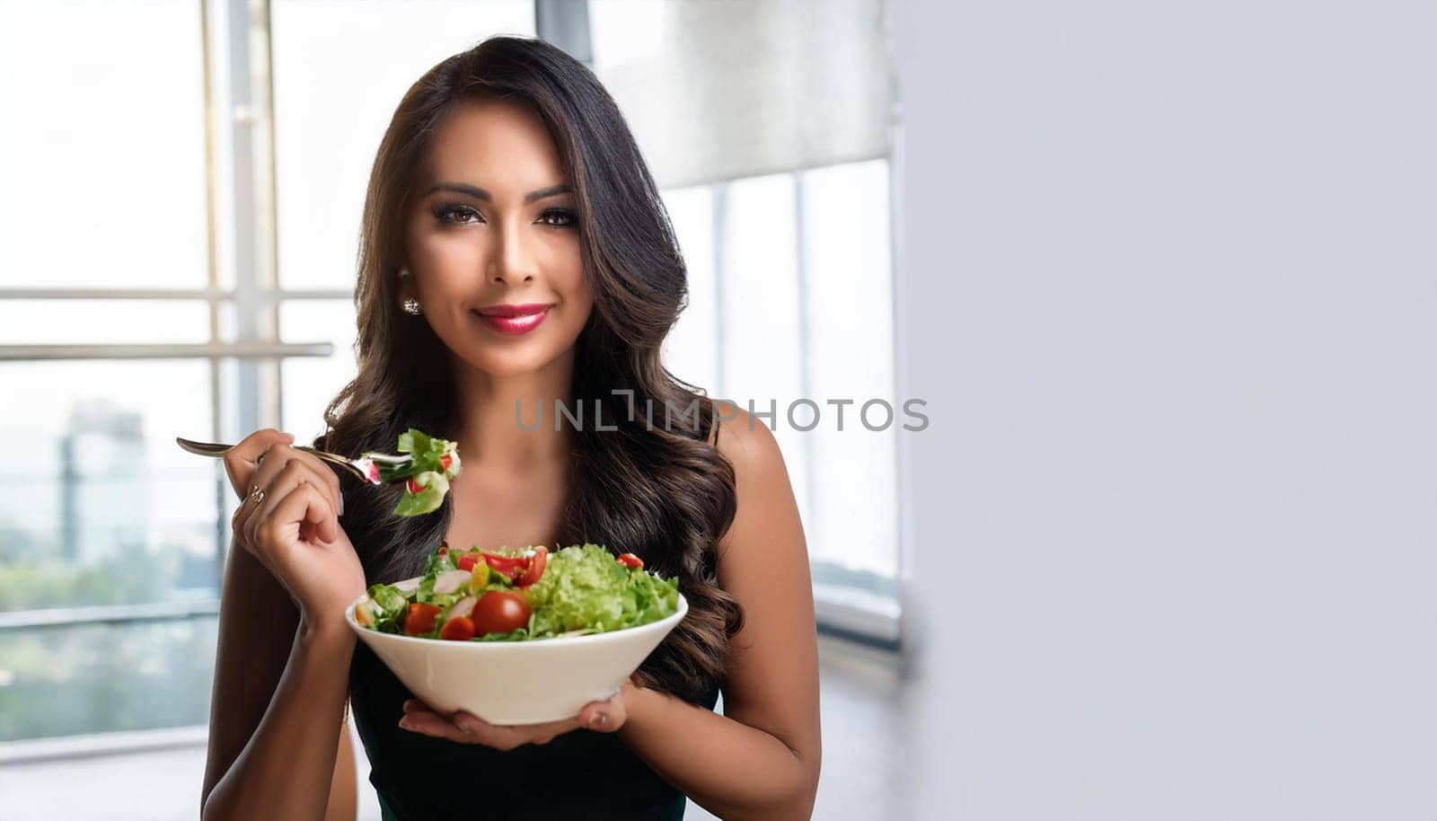 gorgeous young woman eating salad, AI generated image
