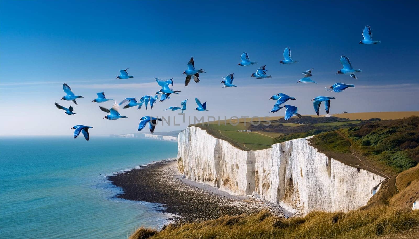 blue birds over white cliffs, AI generated image