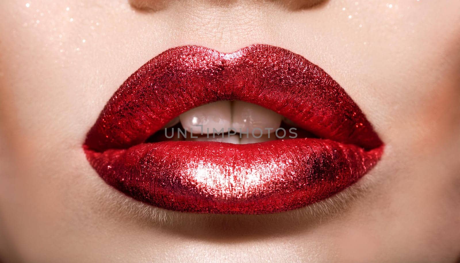 gorgeous young woman glossy red lips, AI generated image