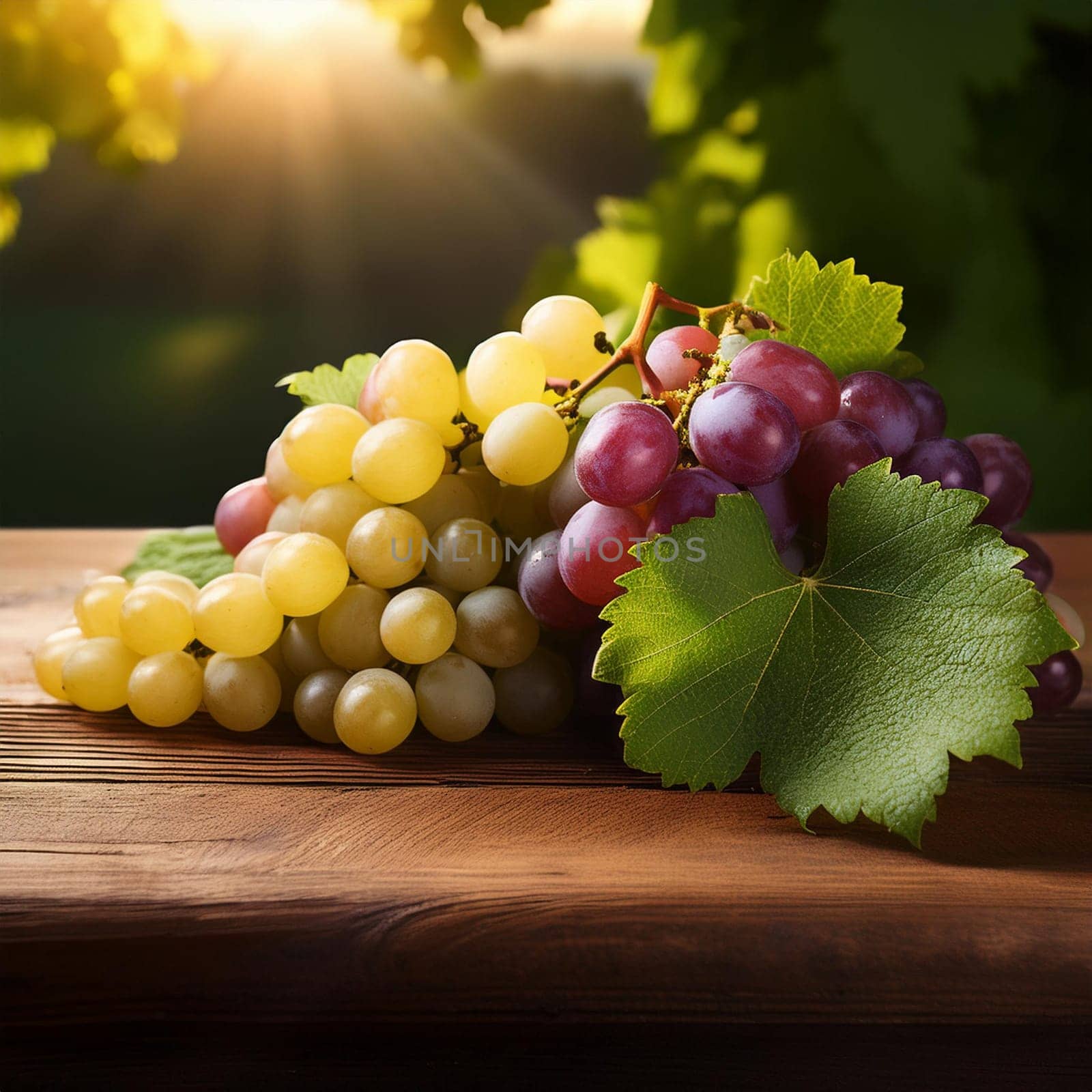 grapes on a wooden table, AI generated image