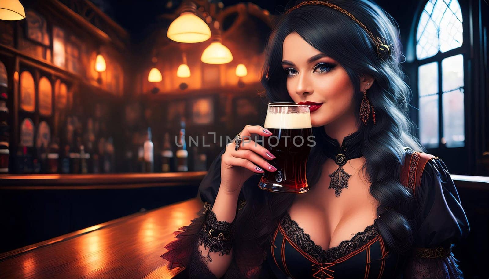 gorgeous young woman drinking beer at the pub, AI generated image