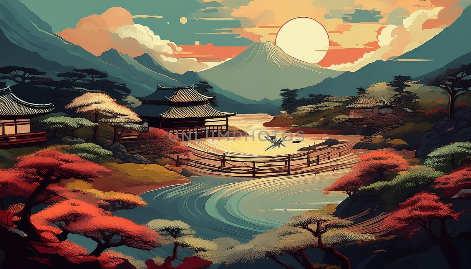 traditional japanese landscape illustration, AI generated image