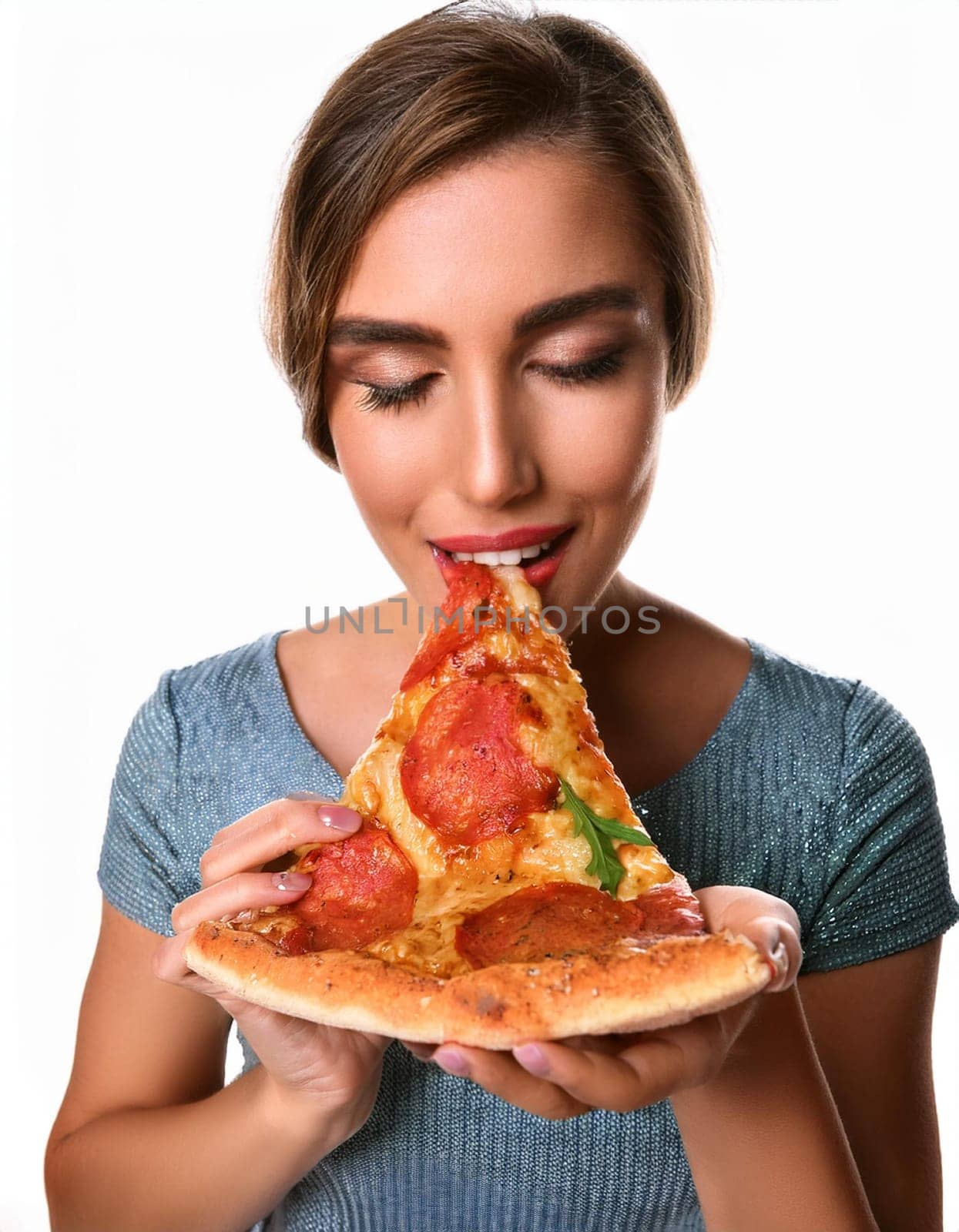 pretty young woman eating pizza margherita, AI generated image