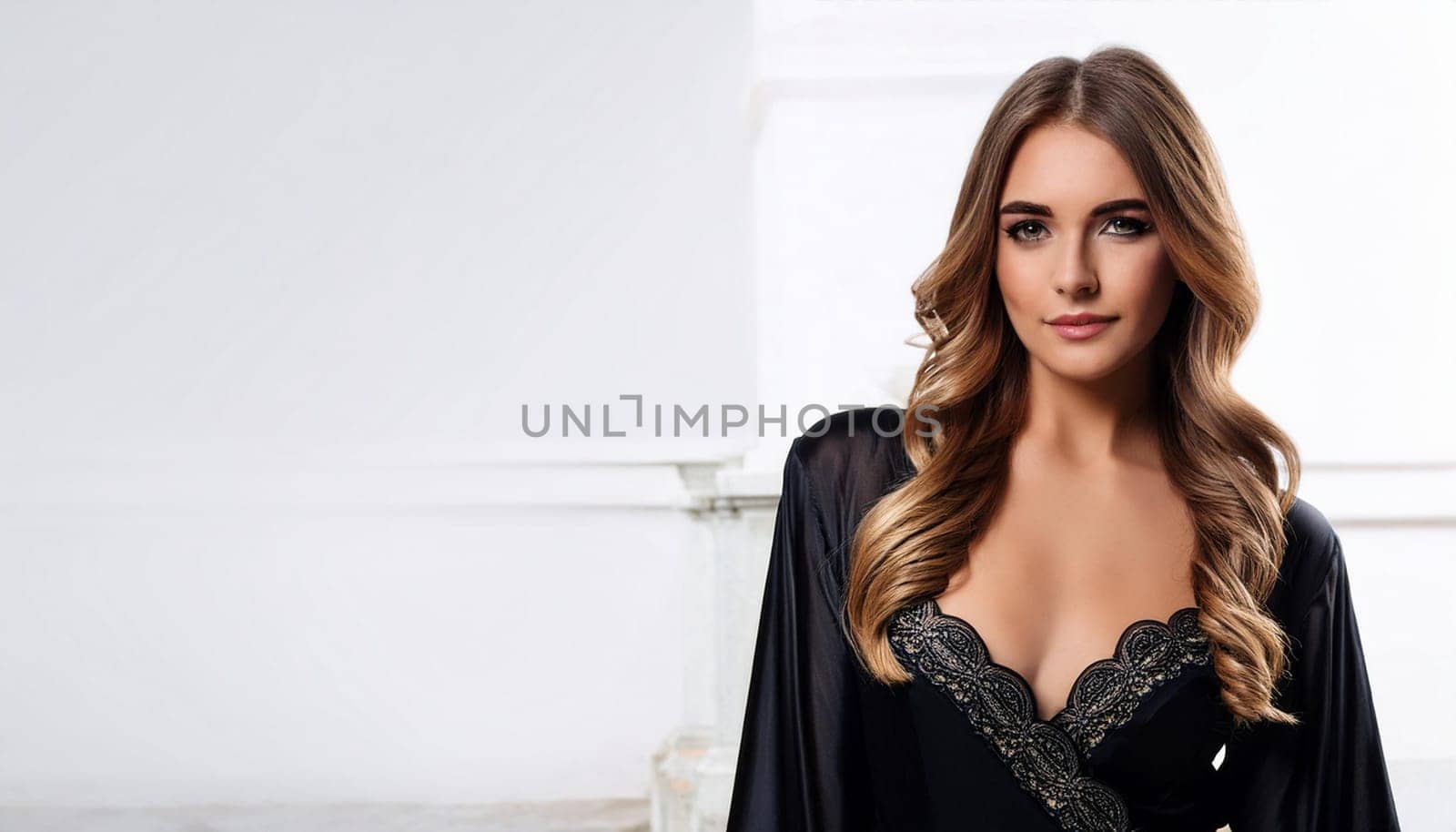 pretty young woman in a black night gown, AI generated image