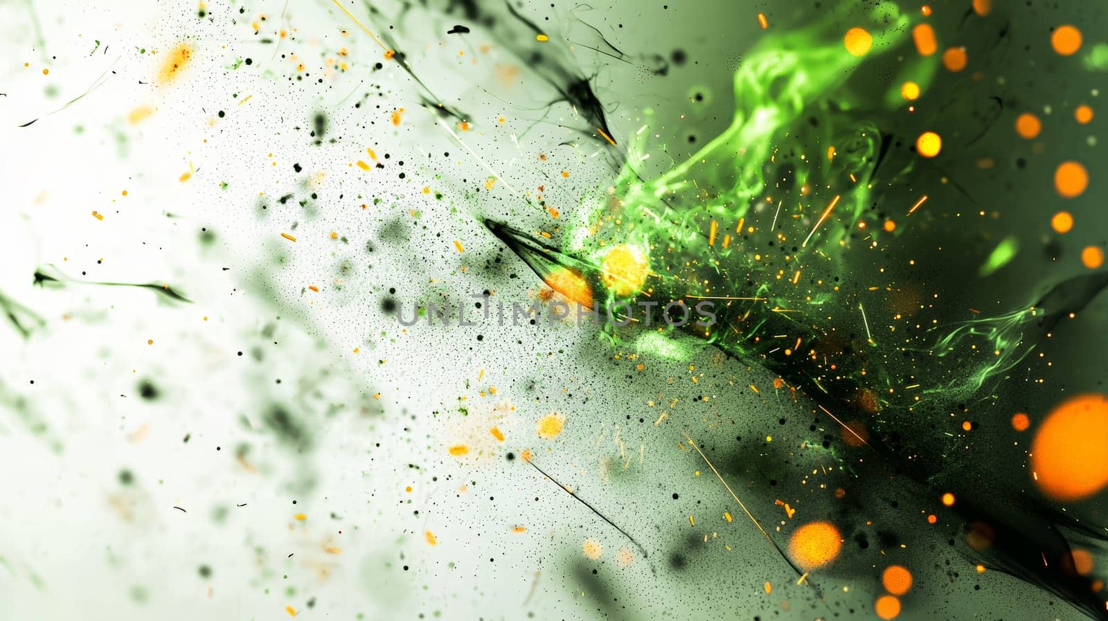 A conceptual abstract image featuring bright green sparks and glowing embers scattered across a white background, with random orange sparks adding contrast. This energetic composition combines vibrant green and warm orange tones, evoking a sense of dynamic movement and intensity.