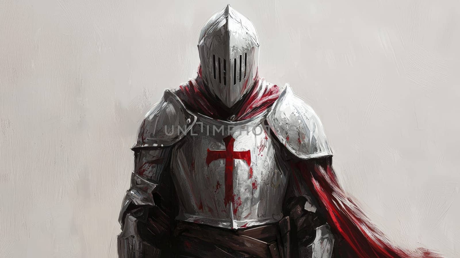 A full-body portrait of a templar knight standing proudly against a blank background, exuding strength and mystery. His armor, marked with red insignias, includes a helmet with narrow eye slits, concealing his gaze. A flowing red cape adds a striking touch to his stoic presence.