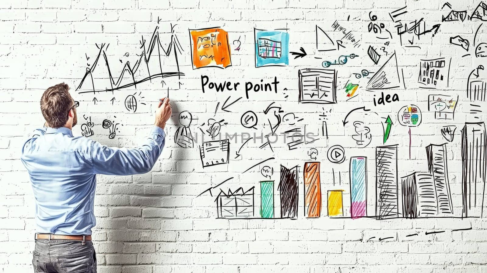 A dynamic illustration of a businessman sketching colorful marketing icons, bar charts, and graphs on a white brick wall, with a cityscape in black ink as the backdrop. The playful doodles include “PowerPoint” and “Idea” symbols, adding an engaging and imaginative touch to a business-themed concept. Soft lighting enhances the vibrant yet simple vector style.