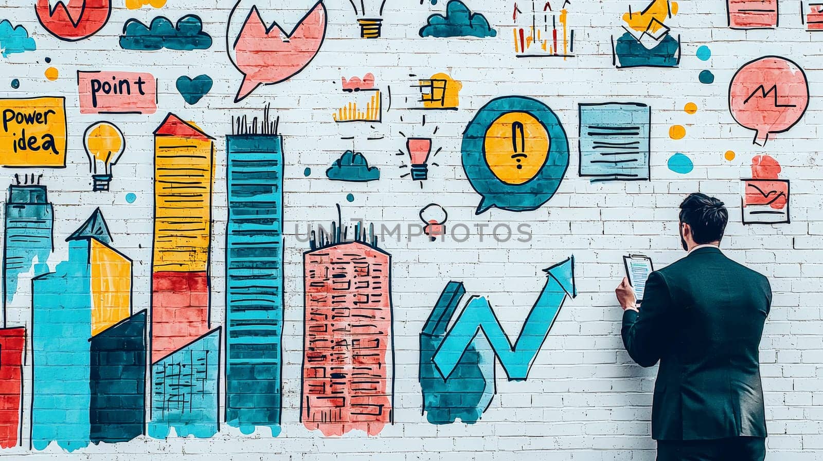 A dynamic illustration of a businessman sketching colorful marketing icons, bar charts, and graphs on a white brick wall, with a cityscape in black ink as the backdrop. The playful doodles include “PowerPoint” and “Idea” symbols, adding an engaging and imaginative touch to a business-themed concept. Soft lighting enhances the vibrant yet simple vector style.