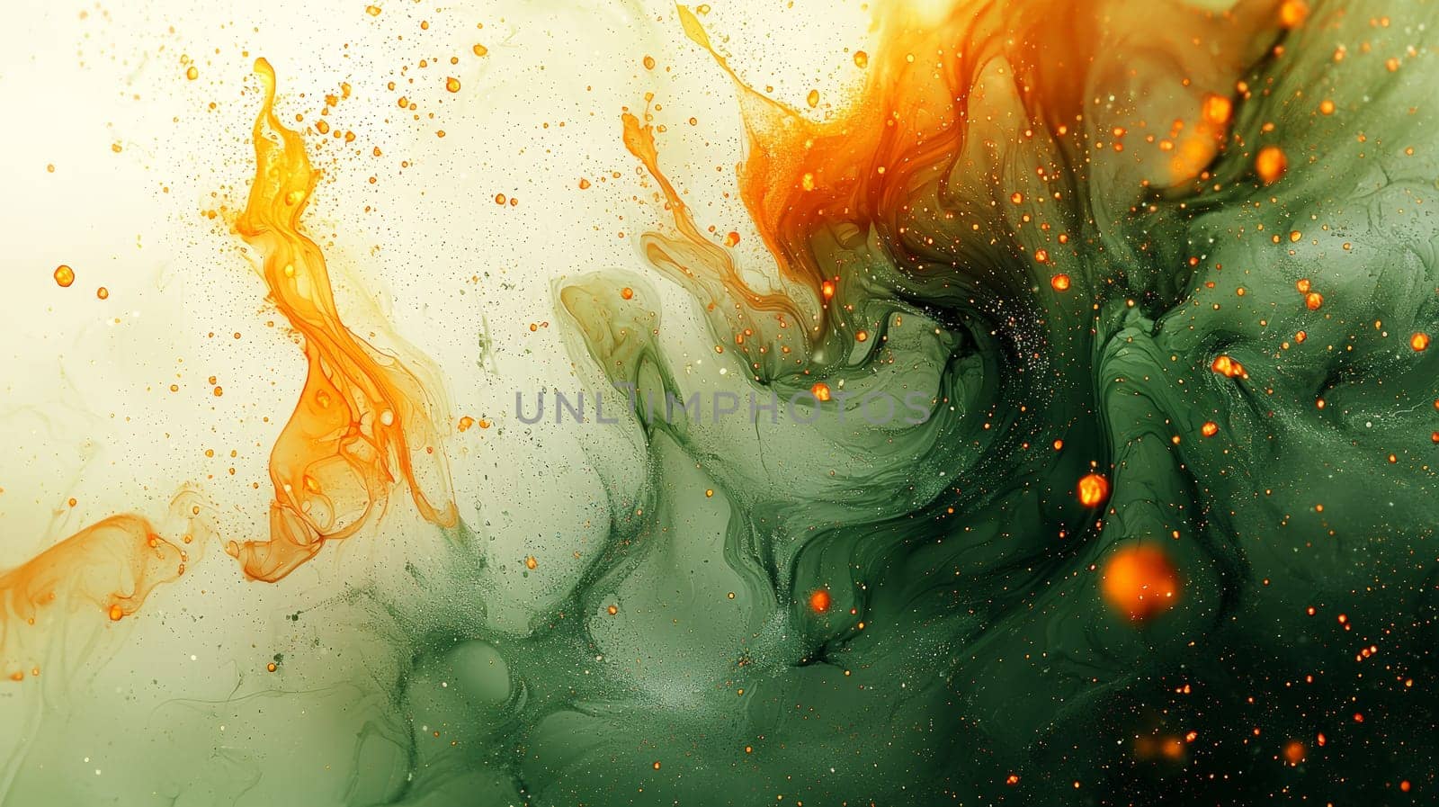 A conceptual abstract image featuring bright green sparks and glowing embers scattered across a white background, with random orange sparks adding contrast. This energetic composition combines vibrant green and warm orange tones, evoking a sense of dynamic movement and intensity.