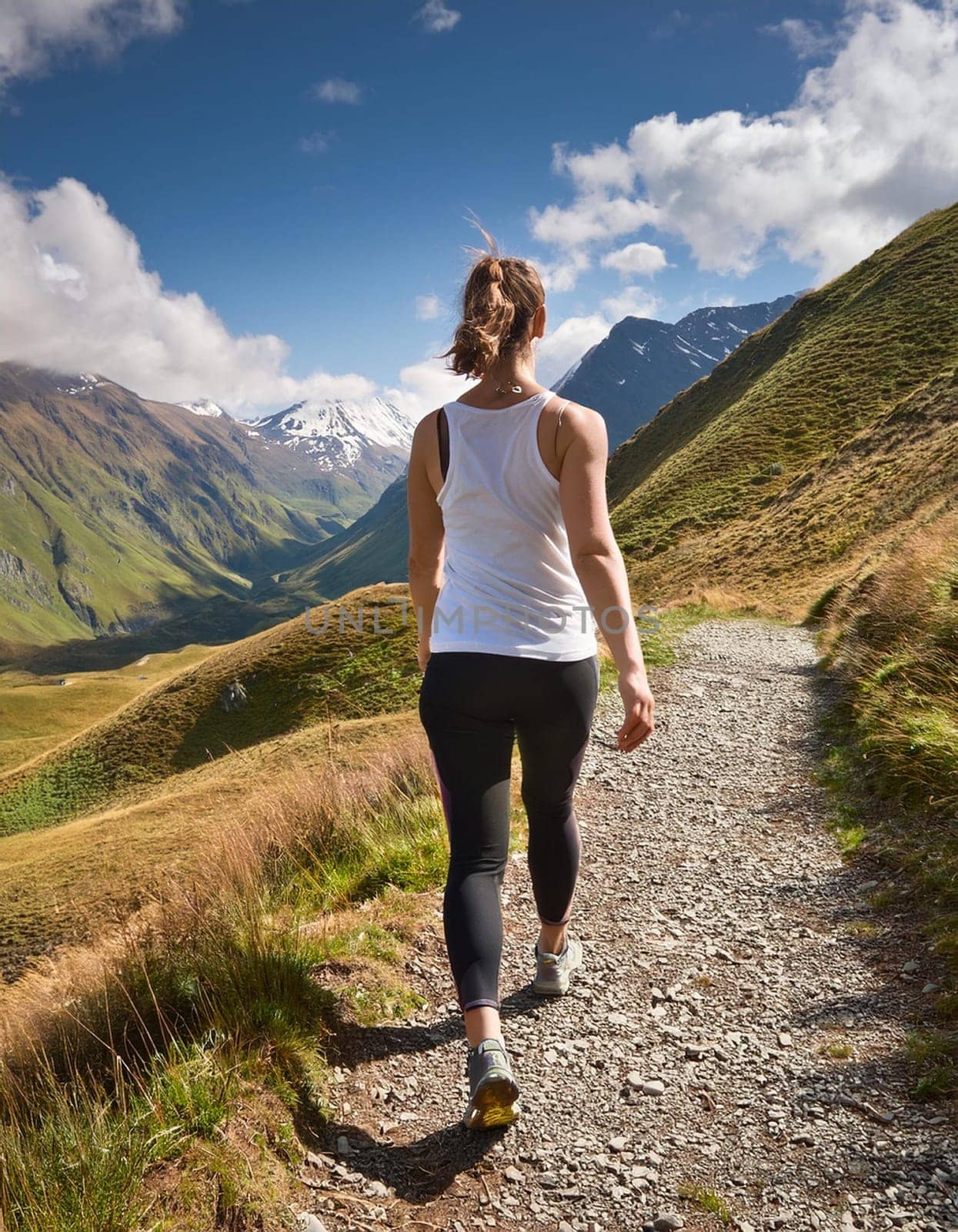 pretty young fit woman trekking, AI generated image