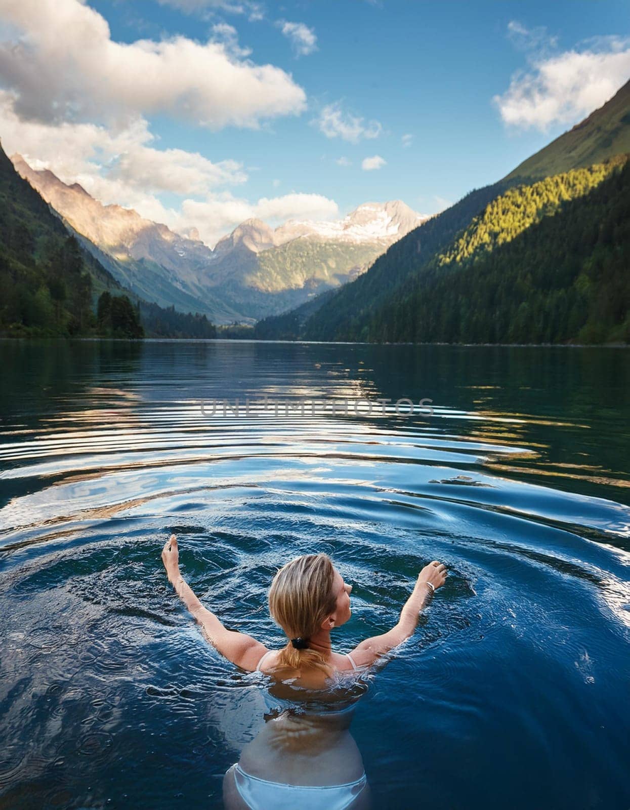 pretty young swimming woman in mountain lake, AI generated image