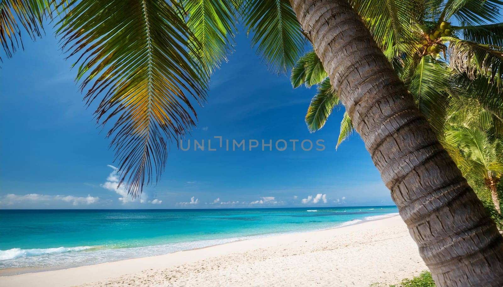 tropical beach landscape with palm trees by the sea